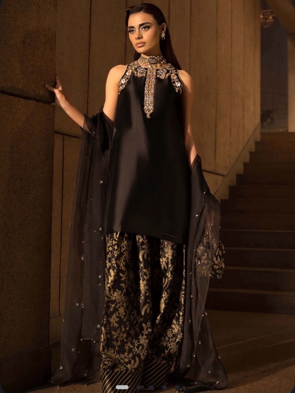 Black & Gold Embellished Sleeveless Wedding Dress with Sheer Dupatta Pakistani